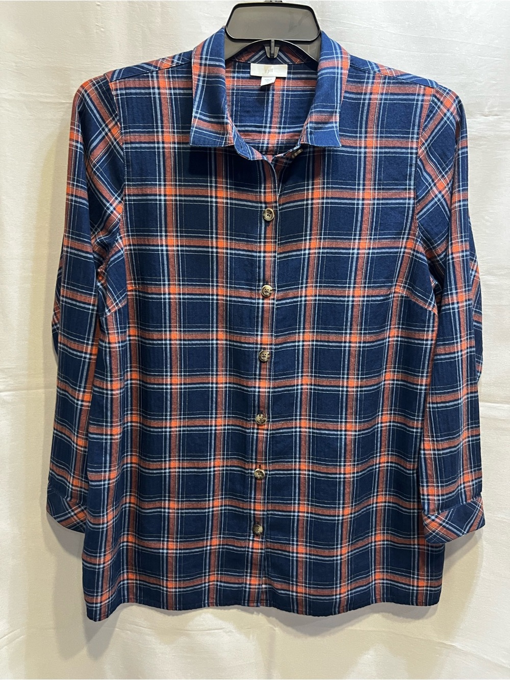 J. Jill Navy and Orange Plaid Long Sleeve Button Front Shirt Size Med